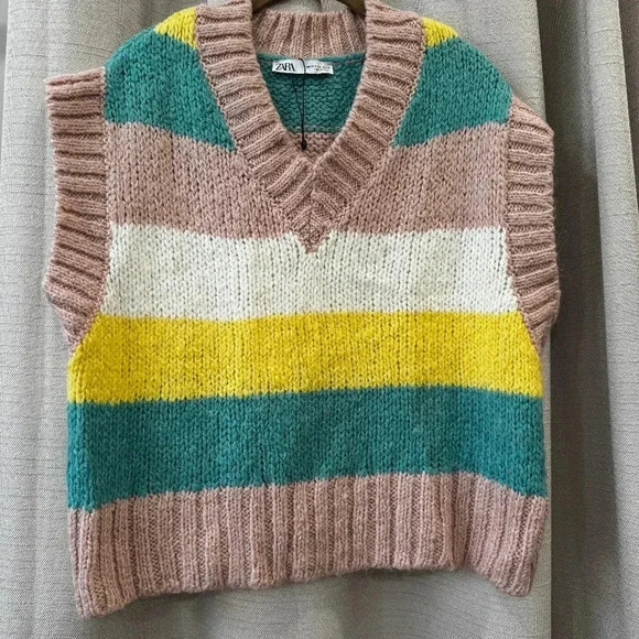 Zara Striped Chunky Sweater Vest Womens Size Medium - Picture 2 of 8